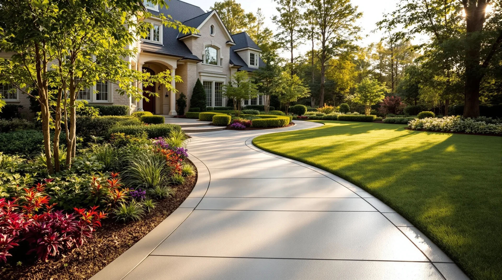 Decorative concrete walkway leading to a North Fulton home