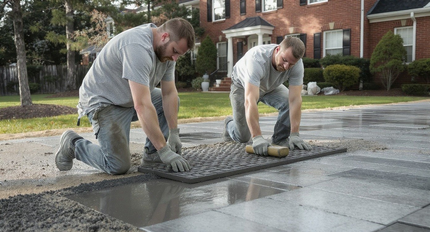 Decorative stamped concrete driveway at an upscale Atlanta-area home by CIT Concrete in Johns Creek GA